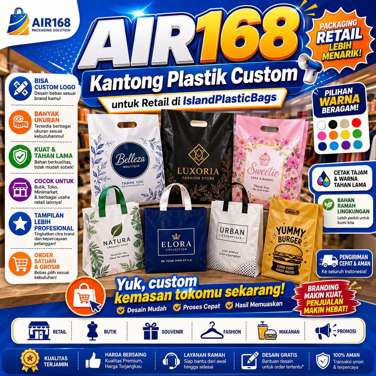 AIR168 Kantong Plastik Custom untuk Retail di IslandPlasticBags
