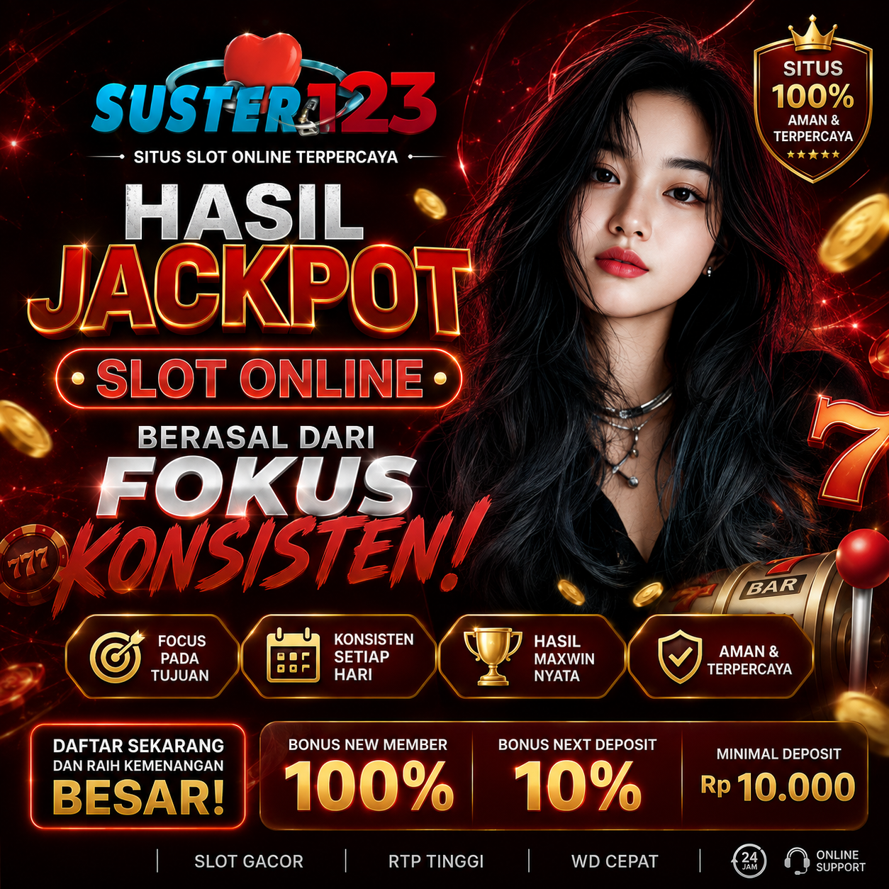 SUSTER123 ==> Hasil Jackpot Slot Online Berasal Dari Fokus Konsisten!